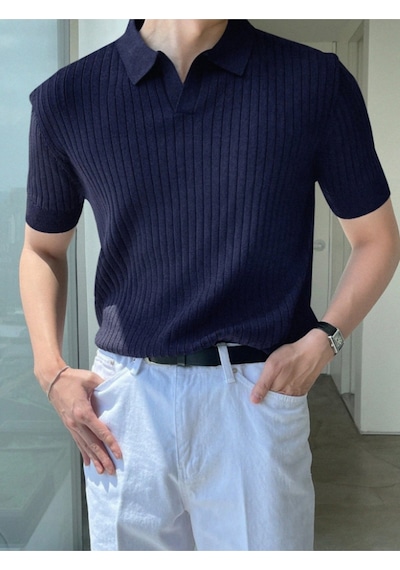 Erkek Fitilli Polo Yaka Triko T-shirt Gri