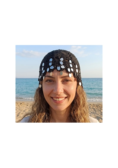 Kervan Pazarı Kadın İthal El Örgüsü Bohem Tarzı Çiçek Motifli Pullu Saç Filesi Bandana Siyah