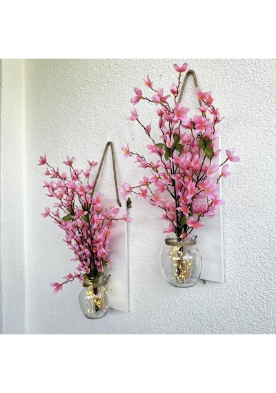 Led Işıklı, Pembe Sakura Çiçekli Duvar Dekoru Beyaz İkili Set