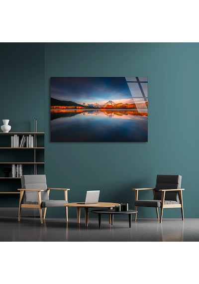 Sonbahar Göl Yansıması - Cam Tablo - Deg1229 110 X 70 Cm