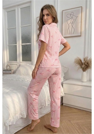 Bella Notte Pembe Soft Fiyonk Desenli Yazlık Pijama Takımı