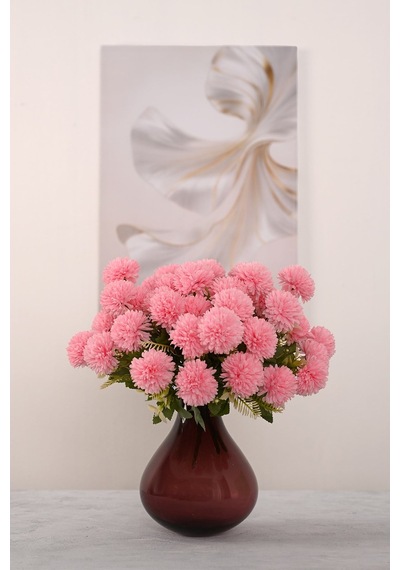 Pembe Yapay Krizantem Çiçeği Demeti 9 Dallı Lüx İpeksi Dokulu 37 Cm