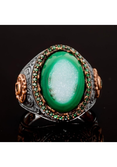 Gerçek Doğal Drusy Kristal Kuvars Taşı Erkek Yüzüğü, Vintage Yüzük, 925 Ayar Gümüş Yüzük Gümüş