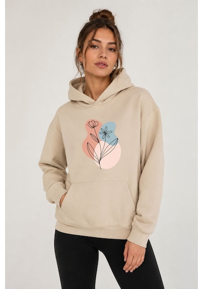 Herkesemoda Çiçek Baskılı Kapüşonlu 2 İplik Şardonlu Sweatshirt Bej