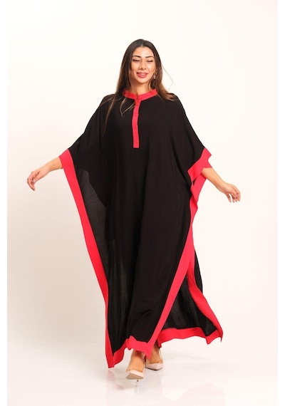 Keyifli Moda Kadın Siyah Kırmızı Garnili Sırtı Çiçek Nakışlı Püsküllü Yarasa Kol Yırtmaçlı Oversize Uzun Elbise - Sıyah Siyah