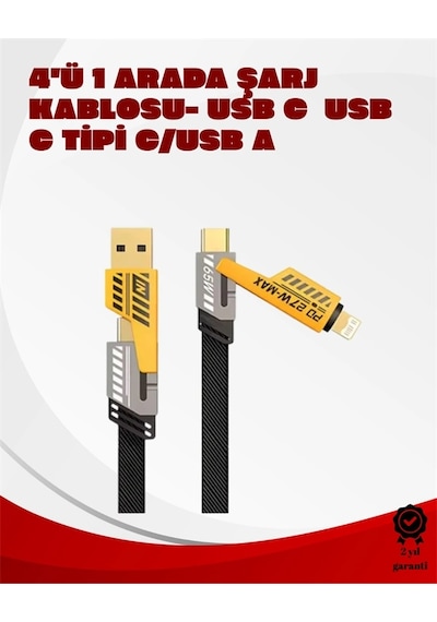 Dönüştürülebilir 4 Başlıklı Hızlı Şarj Kablosu 1.2m, 65w, Dayanıklı Ve Esnek Tasarım Standart