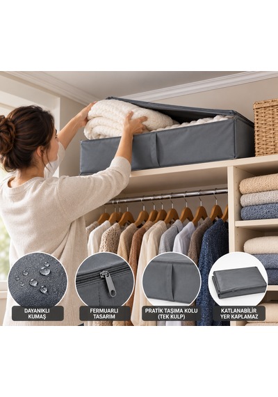 Gri Kumaş Saklama Hurcu 69x55x19 Cm Dolap İçi Düzenleyici Büyük Boy Kıyafet Ve Battaniye Organizer
