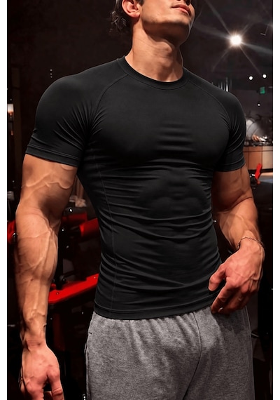 Genius Store Erkek Dalgıç Kumaş Compression Spor Tişört Muscle Body Fit Gym Antrenman T-shirt Compression-t-shirt Siyah
