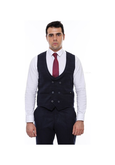 Wessi Kruvaze Kareli Desenli Yakalı Lacivert Erkek Yelek 001