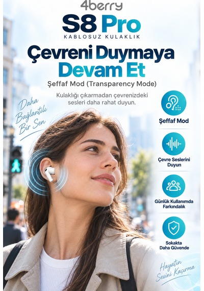 S8 Pro Bluetooth 5.3 Kablosuz Kulak İçi Kulaklık - Anc, Şeffaf Modlu, Dokunmatik, Oyun Modlu - Beyaz 1210