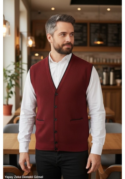 Kamalı Bordo Erkek V Yaka Triko Düğmeli Cepli Çizgi Desenli Regular Fit Tüylenmeyen Örgü Yelek Bordo