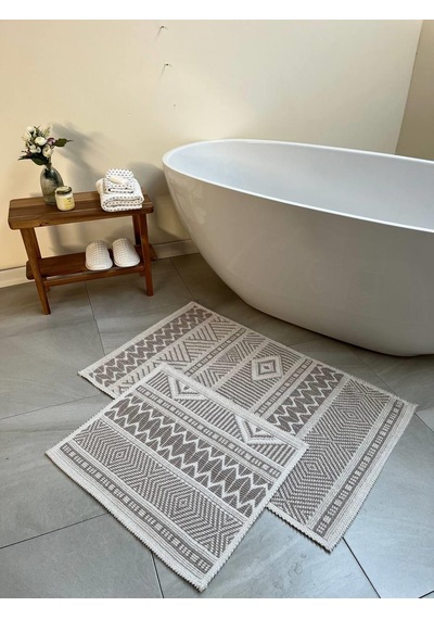 Marina Doğal Pamuklu 2'li Banyo Paspas & Halı Seti 60x100+50x60 Cm - Taş Taş