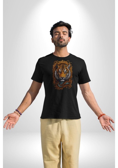 Kaplan Süs Unisex Unisex Siyah Organik Baskılı T-shirt Penye Yüksek Kalite Siyah