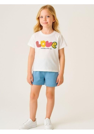 Cicihlid Kız Çocuk Pamuklu Punch İşlemeli Love T-shirt-15890 Ekru