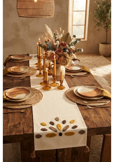 Güneş Damlası Renkli Punch Nakışlı Püsküllü Pamuk Runner Masa Örtüsü 40x130 Cm Vizon
