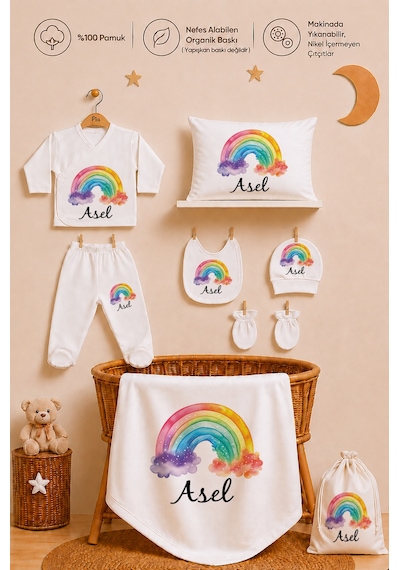 Pia Baby Kız Bebek Hastane Çıkışı 12 Parça %100 Pamuk İsme Özel Organik Baskılı Kese Hediyeli 101911k0x Ekru