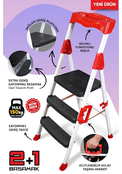 Ze Zigana Ev Gereçleri Elegance 2+1 Geniş Basamaklı Kolay Taşıma Aparatlı Merdiven