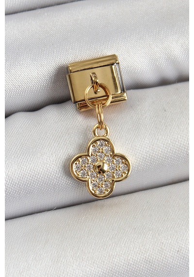 316l Çelik Sallantılı Zirkon Taşlı Yonca Model Gold Renk Nomination Charm Altın