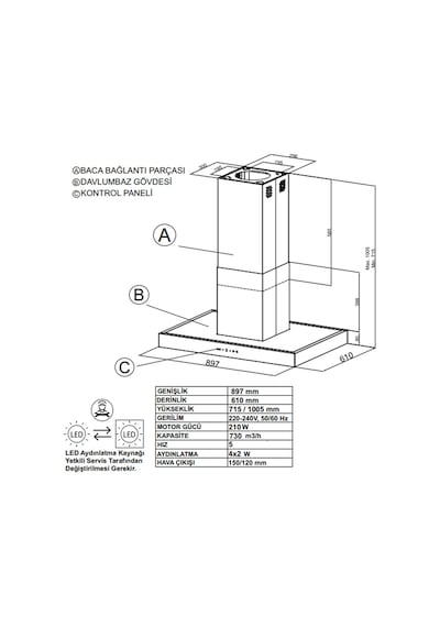 Narte HI30190W 90 CM Beyaz Ada Tipi Davlumbaz