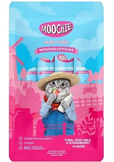 Moochie Sıvı Kedi Ödülü Ton Balığı, Keçi Sütü Ve Çilekli - 5 X 15 Gr