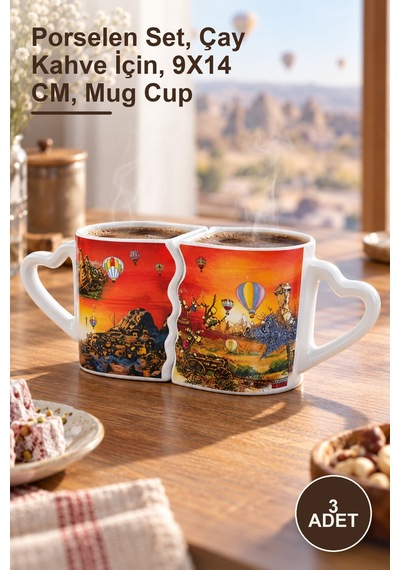 3 Adet Yöresel Kupa Bardak Porselen Set, Çay Kahve İçin, 9x14 Cm, Mug Cup Altın
