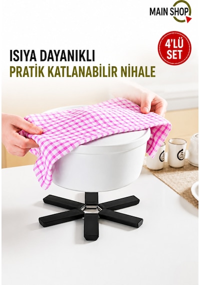 Mainshop 3'lü Set Katlanabilir Nihale - Isıya Dayanıklı Pratik Tencere Altlığı - Dirençli Siyah M-021