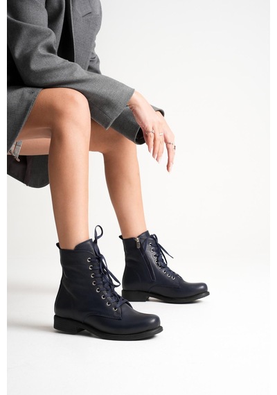 Analin Shoes Kadın Hakiki Deri Bağcıklı Ve Fermuarlı Bot Lacivert