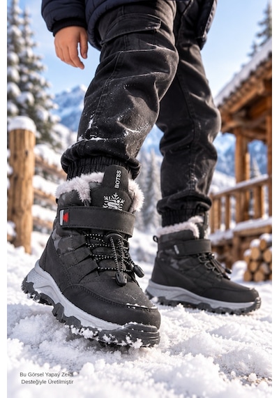 Muggo Peak İçi Kürklü Cırtlı Ve Bağcıklı Unisex Çocuk Kar Botu Siyah