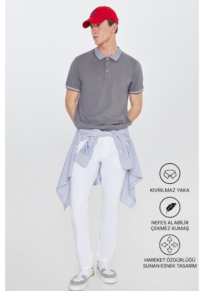Ac&Co / Altınyıldız Classics Düğmeli Polo Yaka Cepsiz Slim Fit Erkek Tişört Gri