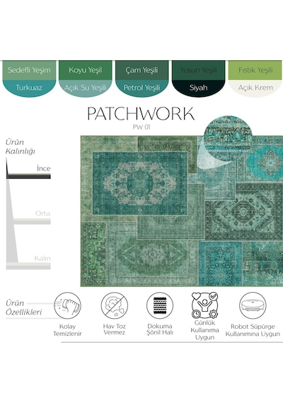 Cool Halı Patchwork Yeşil Turkuaz Vintage Eskitme Bohem Şönil İnce Halı Salon Oturma Odası Halısı