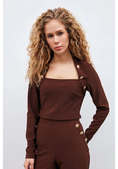 Sateen Düğme Detaylı Bluz - Kahve