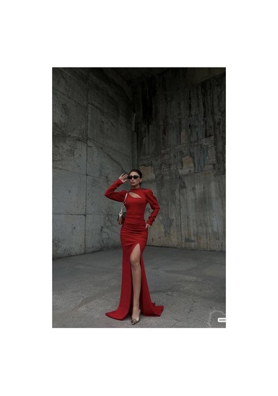 Lior Design Kadın Vintage Esnek Simli Kumaş Degaje Yaka Büzgülü Abiye Elbise Kırmızı
