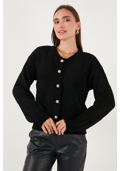 Lela Premium Regular Fit Bisiklet Yaka Yumuşak Dokulu Bayan Hırka 680Hi00147 Siyah