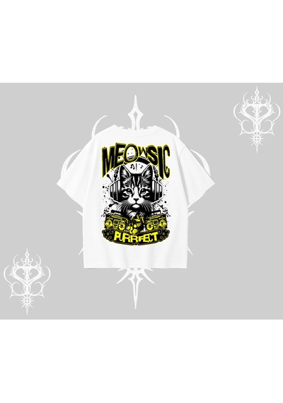 Tarzsokak Meowsic Purrfect Kedi Arka Baskılı Oversize Tshirt Beyaz