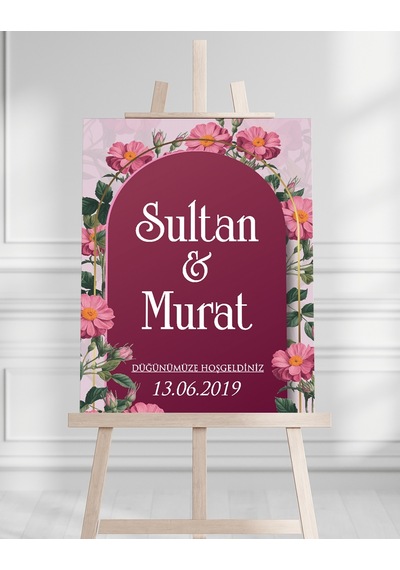Söz Nişan Düğün İçin 50x70 Karşılama Panosu - Pembe Çiçek Tasarımlı 001 Beyaz