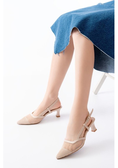 Aymood K-607 Bej Günlük Fileli Arkası Açık 7 Cm Topuklu Ayakkabı Bej