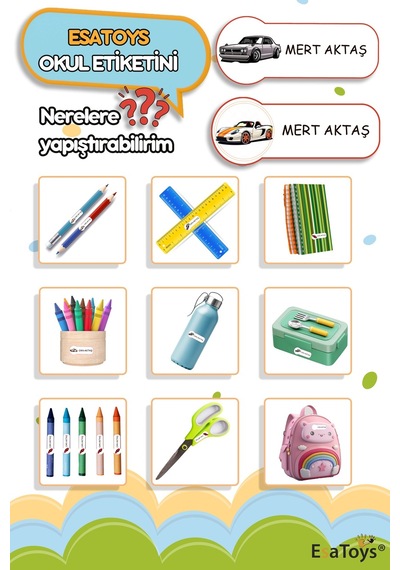 Yarış Arabası Temalı Özel İsminiz Yazılı Okul Etiketi Diğer