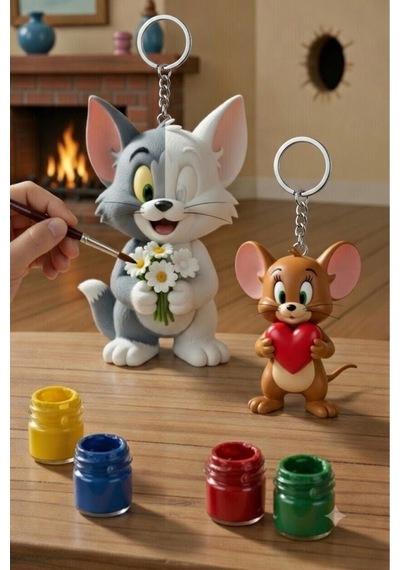 Tom Ve Jerry Boyama Seti 2'li Anahtarlık Hobi Kiti 6 Renk Boya Ve 2 Fırça Dahil