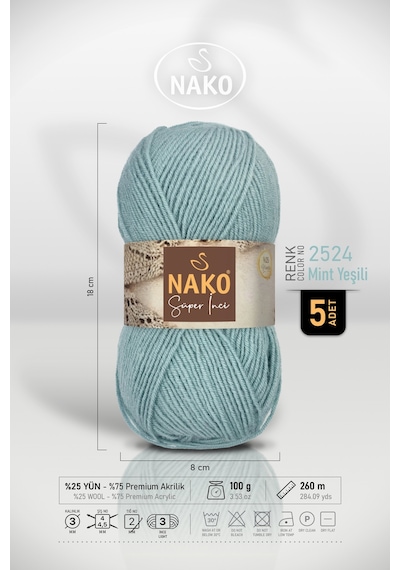 Süper İnci - 2524 Mint - 5'li Paket - 100gr/260m - El Örgü İpi - Atkı Yelek Kazak İpi