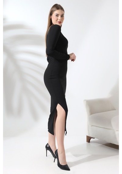 Gugus Trend Kadın Siyah Hailey Uzun Kollu Maxi Elbise Yırtmaçlı Model Ssiyah