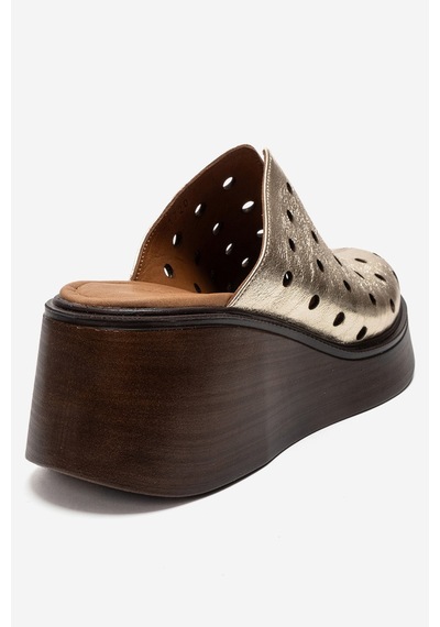 Luvishoes Nıves Altın Hakiki Deri Delikli Kadın Dolgu Topuklu Terlik