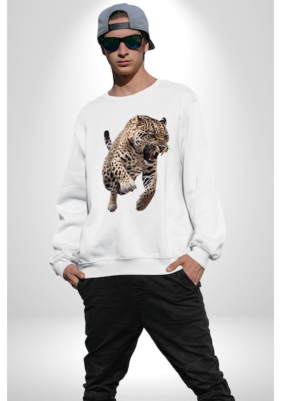 Jaguar Sırtından Çıkan Unisex Beyaz Sweatshirt Beyaz