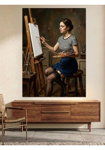 Şövale Başında Resim Yapan Kadın Ressam Dekoratif Kanvas - Mdf Ahşap Tablo Çok Renkli
