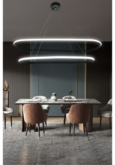Modern Siyah Yemek Masa Avizesi, 3 Renk Led Aydınlatmalı, Modern Salon Avizesi,ofis Led Avizesi Siyah