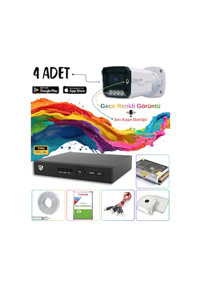 Adecam 4 Lü Full Hd Ahd Güvenlik Kamera Sistemi Cepten İzleme - Gece Renkli & Sesli Set + 30 Gün Kayıt