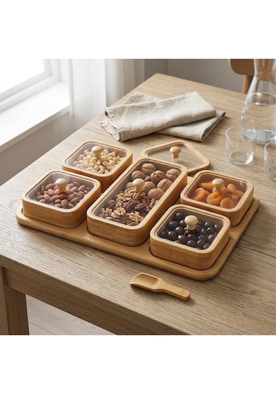 6 Parça Bambu Kahvaltılık Seti - Şeffaf Akrilik Kapaklı Kırılmaz Çerezlik, Reçellik Ve Kahvaltı Sunum Tabağı 32.5 X 22 X 4 Cm