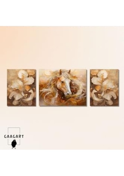 3lü Kanvas Şık Salon Duvar Tablosu Modern Soyut Turuncu At, 40 X 60