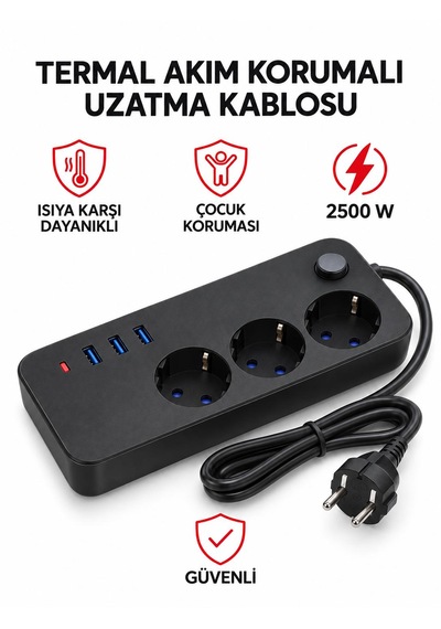 Termal Akım Korumalı Uzatma Kablosu 2 Metre Kablolu 3 Lü Priz 3 Usb Giriş 2.1 A Isıya Dayanıklı Çocuk Koruması 2500watt Ev Ofis