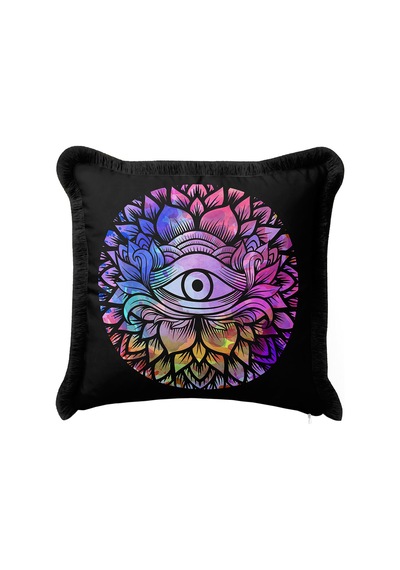 Spiritüel Lotus Motifli Saçaklı Yastık Kılıfı - Mistik Bohem Çok Renkli Püsküllü Kırlent Kılıfı Çok Renkli