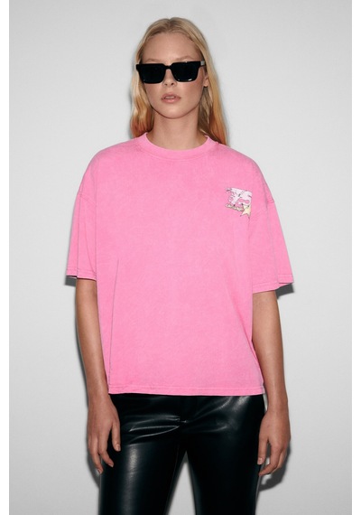 Grımelange Rosy Kadın Yumuşak Ve Esnek Kumaşlı Baskı Detaylı Yıkamalı Pembe T-shirt Pembe